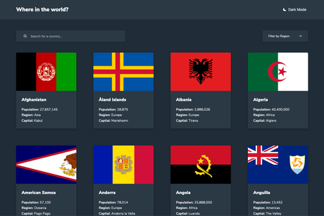 Rest countries API webpage.